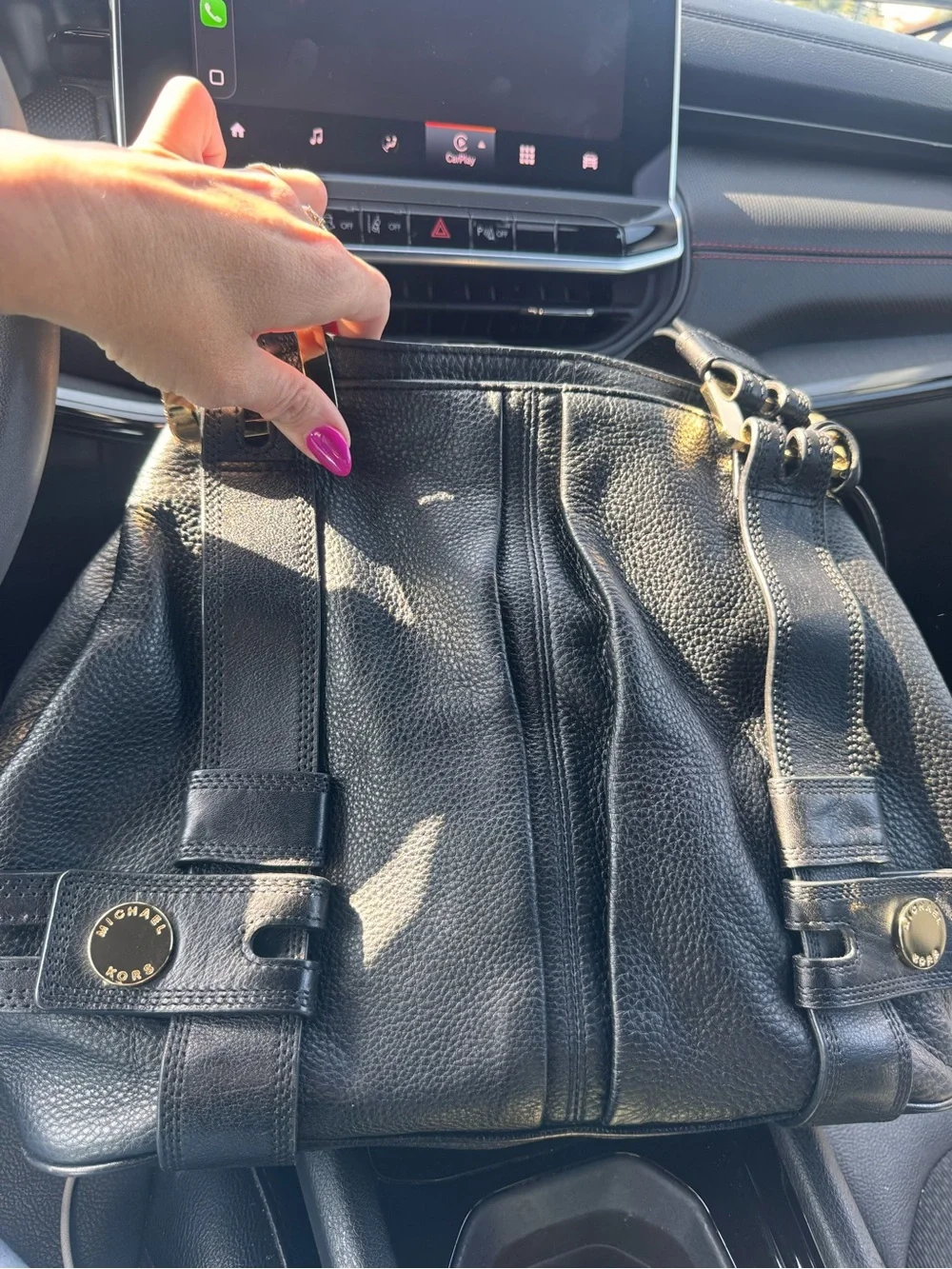 Michael Kors Black Leather Shoulder Bag with Gold-Tone Accents